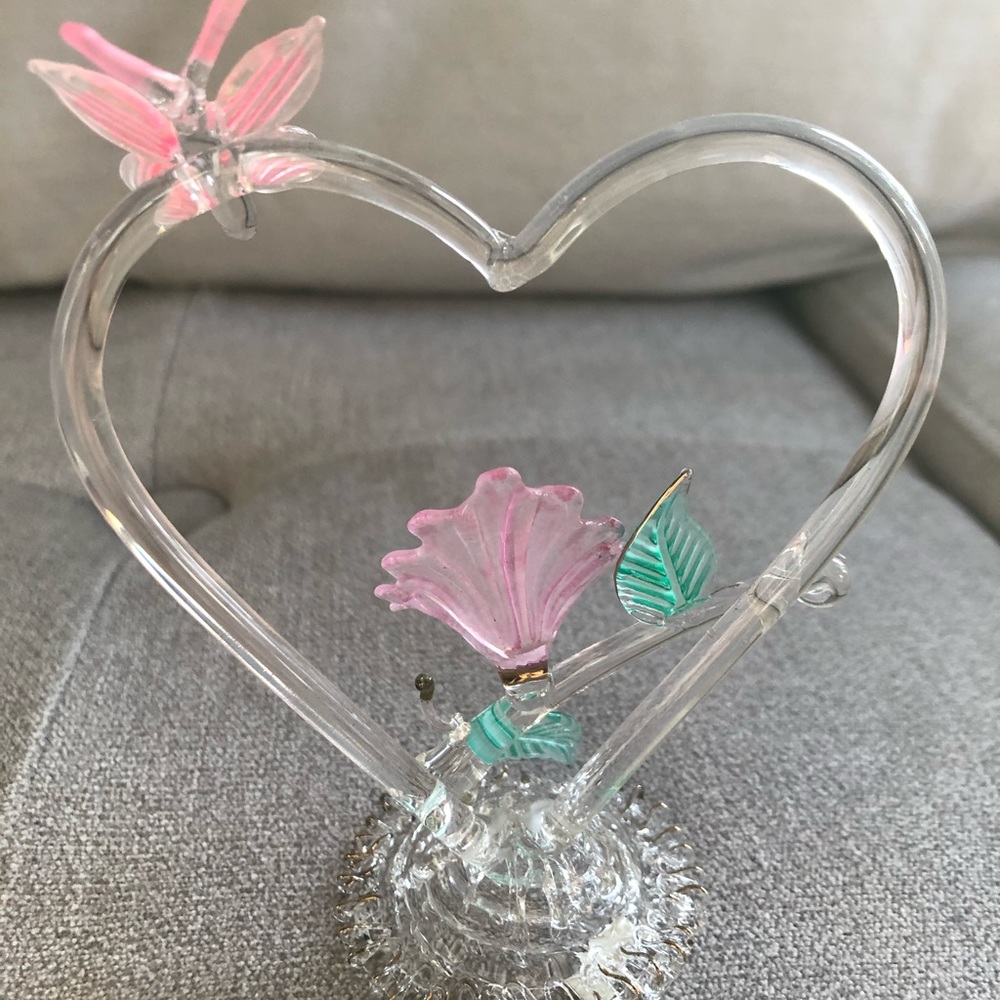 Heart with butterfly & flowers glass crystal figurine keepsake